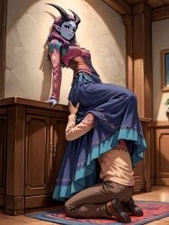 1boy 1girls ai_generated alfira baldur's_gate_3 black_sclera clothed_cunnilingus cunnilingus cunnilingus_in_skirt dominant_female dungeons_and_dragons female horns its_not_real_(artist) submissive_male tiefling