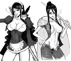 2girls baby_5 breasts cigarette female female_only glasses greyscale hand_on_hip jacket_on_shoulders long_hair looking_at_viewer maid maid_headdress midriff mikazuki_shigure monochrome multiple_girls navel one_piece open_clothes open_fly open_shirt pubic_hair shirt smoking standing sword tashigi very_long_hair weapon