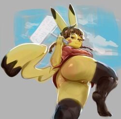 anthro bottomless braided_pigtails clothed clothing drxsmokey eyewear fan_character female fur generation_1_pokemon genitals glasses low-angle_view millie_(drxsmokey) nintendo pikachu pokemon pokemon_(species) pussy short_stack sign solo yellow_body yellow_fur