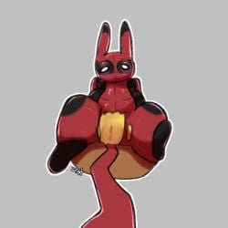 ass bodily_fluids clothed clothing cosplay deadpool female feral generation_1_pokemon genital_fluids genitals hi_res looking_at_viewer marvel nintendo pikachu pokemon pokemon_(species) pussy simple_background solo spread_legs spreading tail thick_thighs yellow_body zaw