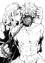 2boys arms_behind_back chain_leash chained chains clothed_male_nude_male collar cum furikkyu108 gay gintama gintoki_sakata hair_grab long_hair long_hair_male looking_at_another male male_only monochrome muzzle_(object) no_visible_genitalia questionable_consent restrained sweat toned toned_male utsuro_(gintama) yaoi