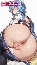 1girl 2026 ai_generated anus artist_name ass ass_focus blush butthole eula_(genshin_impact) exposed_anus genshin_impact hat hi_res high_quality highres looking_at_viewer patreon patreon_username pinkname solo sweat tight_anus watermark