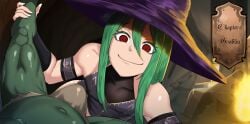 2boys blowjob_gesture dom_pov english_text gay goblin green_(artist) green_(original) green_eyes green_skin imminent_fellatio loincloth male male/male male_focus male_only male_pov oc original_character pov pov_male red_eyes smile witch_hat yaoi