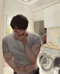 brown_hair caleb_(love_and_deep_space) closed_eyes danovnnino hands_in_pants happy_trail laundry laundry_room love_and_deep_space muscular_arms open_fly panties protagonist_(love_and_deep_space) red_panties sniffing sniffing_clothes sniffing_panties straight_hair