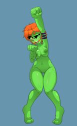 anthro big_breasts breasts female female_only frog green_eyes highres navel neon_(scikosis) nude orange_hair pose scikosis short_hair simple_background smile solo standing tiptoes wink