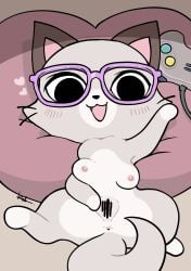 absurd_res anus breasts busty_feral controller domestic_cat eyewear felid feline felis female feral game_controller genitals glasses hi_res kurimo_jinguy mammal pixel_(the_gamercat) pussy solo spread_pussy spreading the_gamercat