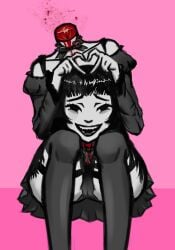 1girls ass black_dress black_eyes black_hair black_panties black_skirt blood clothed death decapitation gothic guro headless heart_symbol holding_head huge_ass juxtapose11 panties pussy showing_teeth sitting skirt smiling smiling_at_viewer solo teeth thigh_strap upskirt