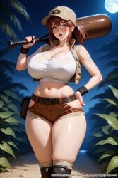 abs ai_generated big_breasts blush brown_hair cap fio_germi glasses jungle metal_slug moon night ponytail shorts standing thick_thighs ul7990