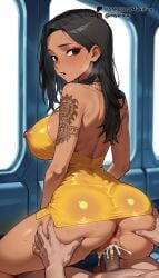 1boy 1girls ai_generated anus arm_tattoo ass ass_grab black_eyes black_hair blush breasts clothed_female_nude_male clothed_sex covered_nipples cowgirl_position cum cum_in_pussy cum_overflow dark-skinned_female dark_skin disney disney_princess dress from_behind interracial jewelry large_breasts long_hair looking_at_viewer looking_back makeup male_pubic_hair mykibuu necklace nipples no_panties nude parted_lips pearl_necklace penis pocahontas pocahontas_(character) pov pubic_hair puckered_anus pussy reverse_cowgirl_position sex sex_from_behind short_dress shoulder_tattoo solo_focus straddling straight sweat tattoo uncensored vaginal_penetration veins veiny_penis yellow_dress