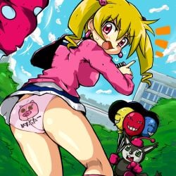 accidental_exposure accidental_nudity airu_suzaki awkward blonde_hair blush digimon digimon_(species) digimon_xros_wars embarrassed japanese_text opossummon panties pink_eyes public public_exposure showing_off showing_panties skirt skirt_removed surprised surprised_expression sweat twintails twintails