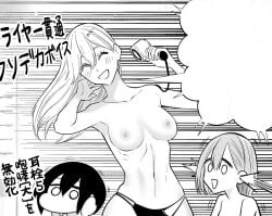 2.5_jigen_no_ririsa amano_ririsa armpits bare_arms bare_belly bare_shoulders belly_button big_breasts black_and_white blush breasts chibi collarbone drying_hair hashimoto_yuu kisaki_aria long_hair manga nipples no_bra nonoa_(2.5_jigen_no_ririsa) official_art open_mouth panties panties_only smile toned_female topless underwear