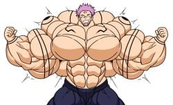 1boy 4_eyes aliarts7 deviantart evil_smile hyper_muscles itadori_yuuji jujutsu_kaisen markings muscle_fetish muscle_growth pink_hair ryoumen_sukuna_(jujutsu_kaisen) solo very_large_pecs villain