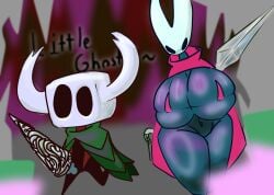 1boy 1boy1girl 1girls blackholetree_(artist) cave cloak hollow_knight hornet_(hollow_knight) hourglass_expansion hourglass_figure hyper_breasts large_ass large_breasts larger_female masked predator/prey size_difference the_knight_(hollow_knight) tilde_after_text weapon wide_hips ~