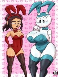 2girls belly belly_button big_breasts blue_clothing blue_hair bow bowtie brown_hair bunny bunny_ears carrot cleavage clothed clothing color crossover female female_only gloves hand_on_hip huge_breasts inside_job jealous jenny_wakeman leggings legs looking_at_breasts my_life_as_a_teenage_robot netflix nickelodeon nipples pink_background ponytail reagan_ridley red_clothing robot robot_girl see-through see-through_clothing sr_r18nsfw standing stockings text thick_ass thick_thighs thighhighs thighs wide_hips