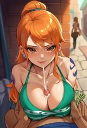 1boy 1girls ai_generated clothed cum cum_between_breasts cum_on_breasts holding_money money nami nami_(one_piece) one_piece paid paizuri paizuri_under_clothes paralap penis prostitution public