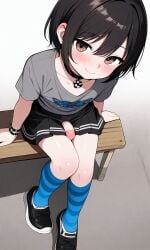 ai_generated black_hair black_skirt blush boots brown_eyes choker dick femboy looking_at_viewer medium_penis penis shoes sitting skirt smile staspivo thighhighs