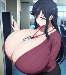 ai_generated ass big_ass big_breasts bimbo black_hair bottomless breasts elmenois gigantic_breasts huge_ass huge_breasts id_card large_breasts long_hair milf office_lady ohtori_saori sweater sweater_only transformation wide_hips younger_female zom_100:_zombie_ni_naru_made_ni_shitai_100_no_koto