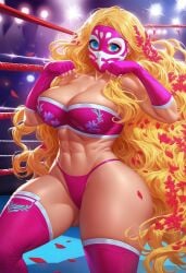 1girls abs ai_generated bandeau big_ass big_breasts bikini bikini_bottom blonde_hair blush breasts cleavage eve_(record_of_ragnarok) eve_(shuumatsu_no_valkyrie) female female_only fingerless_gloves gloves horny long_hair luchador_mask milf mother navel pink_bandeau pink_bikini pink_bikini_bottom pink_gloves pink_thighhighs record_of_ragnarok shuumatsu_no_valkyrie solo thick_thighs thighhighs very_long_hair white_woman wrestling wrestling_outfit