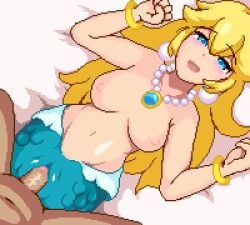 1boy :d animated bangle blonde_hair blue_eyes blush bouncing_breasts bracelet breasts earrings female gomadare_(310329) hair_between_eyes heart jewelry large_breasts long_hair looping_animation lying male mario_(series) merfolk mermaid mermaid_peach monster_girl monsterification navel necklace nintendo nipples nude on_back open_mouth pearl_earrings pearl_necklace pixel_art princess_peach princess_peach:_showtime! pussy sex smile solo_focus sphere_earrings spoken_heart stomach straight tagme ugoira vaginal_penetration video