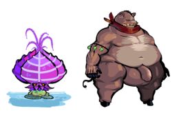 anthro balls bandana breeding_season brown_fur chubby flower fur hooves male male_focus mammal overweight panting penis pig porcine s-purple transparent_background water