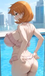 ai_generated ass back bare_arms bare_shoulders bikini blush breasts curvaceous frilled_bikini frilled_swimsuit frills green_eyes halterneck huge_ass huge_breasts kasumi_(pokemon) large_ass large_breasts median_furrow misty_(pokemon_hgss) orange_hair pink_bikini pink_swimsuit pokemon short_hair shoulder_blades sideboob strap_gap swimsuit thick_ass thighs white_bikini white_swimsuit