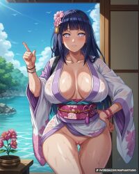 ai_generated artist_name ass_visible_through_thighs bangs bird black_hair blue_hair blue_sky blunt_bangs blush bracelet breasts breasts_apart cleavage cleft_of_venus closed_mouth clothing cloud collarbone cowboy_shot curvy day female female_only floral_print flower hair_flower hair_ornament hand_on_own_hip heart_censor hyuuga_hinata index_finger_raised japanese_clothes jewelry kimono large_breasts long_hair long_sleeves looking_at_viewer naruto naruto_(series) no_bra no_panties no_pupils obi outdoors patreon_username pink_flower plant purple_eyes purple_hair pussy robe rock sash sky solo standing thick_thighs thigh_gap thighs traditional_clothes vagina wafuku waifuai_studio water web_address wet wet_clothes white_eyes white_kimono wide_hips wide_sleeves
