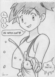 comedy countdown cum cum_drip dialogue handjob kasumi_(pokemon) male peeno pencil_(artwork) penis penis_grab pokemon projectile_cum red_hair shirt sketch sperm suspenders
