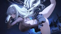ass azur_lane blue_eyes blue_skirt blush bow breasts cg female guichen_(azur_lane) guichen_(sorciere_on_ice)_(azur_lane) hair_intakes hairbow halo large_breasts leotard long_hair long_sleeves looking_at_viewer mole night night_sky outdoors parted_lips skirt sky solo split star_(sky) starry_sky thighs white_hair