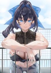 absurdres adapted_costume against_railing black_hair blue_eyes blue_hair blue_ribbon breasts cleavage closed_mouth cloud cloudy_sky daaku_(koizumi_arata) day female gradient_hair grey_pants hair_intakes hair_ribbon hashtag-only_commentary highres hololive hololive_english hololive_english_-council- hololive_english_-promise- huge_breasts multicolored_hair navel ouro_kronii ouro_kronii_(1st_costume) outdoors pants railing ribbon sky smile solo virtual_youtuber