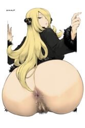 1girls alpha_channel anal_hair anus ass back blonde_hair bottomless cynthia_(pokemon) decensored female female_anus_hair female_only from_behind hair_over_one_eye hairy hairy_anus hairy_pussy highres human human_only jacket lips long_hair looking_at_viewer looking_back orushibu photoshop pokemon pubic_hair pussy solo uncensored