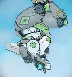 1_eye aeromorph aircraft airplane anthro areola back_wings big_breasts breasts camera_eyes cockpit erection female futa_only futanari genitals glowing glowing_eyes grey_body hi_res intersex jet living_aircraft living_machine living_vehicle machine metallic_body nipples not_furry nude nude_anthro nude_female penis robot russy_(artist) simple_background solo upside-down vehicle wings