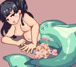 animated birth black_hair blush bouncing_breasts breasts brown_eyes cetacean_genitalia cetacean_pussy completely_nude egg egg_from_pussy egg_laying egg_pile eggs female fins fish_tail genital_fluids gomadare_(310329) idolmaster idolmaster_shiny_colors long_hair mayuzumi_fuyuko merfolk mermaid monster_girl navel nipples nude open_mouth orgasmic_birth pelvic_fins pixel_art pregnant pussy simple_background sweat tail ugoira uncensored vaginal_birth