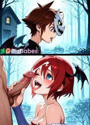 1boy 1girl1boy 1girls after_sex ai_generated bangs bat_wings blue_eyes blush breasts brown_hair capcom cosplay crossover crossover_cosplay cum cum_in_mouth cum_on_face cum_on_tongue darkstalkers dizbabes ejaculation exposed_breasts facial fangs female halloween halloween_costume handjob happy head_wings kairi kingdom_hearts lilith_aensland_(cosplay) looking_at_partner male mask mask_on_head off_shoulder one_eye_closed open_mouth outdoors red_hair short_hair sora_(kingdom_hearts) spiked_hair split_screen square_enix stable_diffusion tongue_out video_games
