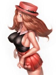 1girls arm art ass bare_legs blue_eyes breasts collared_shirt erect_nipples female fumio_(rsqkr) hat human human_only large_breasts legs light_brown_hair long_hair neck nintendo pokemon pokemon_xy red_skirt ribbon serena_(pokemon) shirt sideboob simple_background skirt sleeveless sleeveless_shirt smile solo standing v-neck white_background