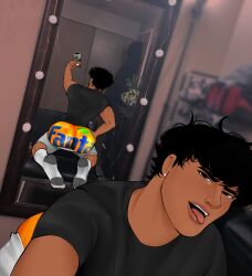 1boy 2024 ass ass_focus back_view black_hair cardboard_box cardboardbaux closet dark-skinned_male dark_skin gay kiloh_(cardboardbaux) male male_only mirror mirror_reflection mirror_selfie on_knees selfie selfie_pose shorts shorts_down socks solo solo_male tongue tongue_out underwear