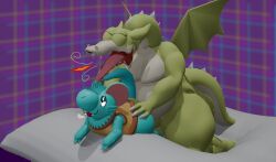 3d_(artwork) abstract_background animal_genitalia anthro balls bedroom_eyes belly big_balls big_belly big_ears big_nose big_penis breath cuphead_(game) digital_media_(artwork) dragon duo fangs feet fire genitals grim_matchstick hi_res male male/male mixed_media moobs mythological_creature mythological_scalie mythology narrowed_eyes obese overweight panting penis pillow scalie seductive sex sheath short_stack sleeveless_sweater slightly_chubby smile snootsy_(toothboot33) tail teeth thick_thighs toothboot33 unknown_species wide_hips