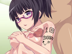 1boy armpit_sex black_hair body_writing breasts censored female glasses mosaic_censoring nipples nude original outercourse penis ponytail purple-framed_glasses semi-rimless_glasses short_hair smile tied_hair tosia under-rim_glasses