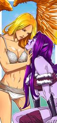 2girls angel arm armband armlet arms bare_legs blonde_hair blue_eyes bra bracer breasts bustier chin_grab cleavage eye_contact facial_mark female fur_trim glowing glowing_eyes hand_on_another's_face highres incest kayle large_breasts league_of_legends legs lingerie lips lipstick long_hair midriff morgana multiple_girls nail_polish navel orange_wings panties parted_lips pointy_ears purple_eyes purple_hair purple_lipstick purple_skin purple_wings red_lipstick serious shiny shiny_hair shiny_skin siblings single_thighhigh sisters sitting smile standing strapless teeth thighhighs toned tubetop uger underwear white_bra white_panties wings wristband yuri