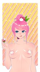 :p adventure_time blue_eyes breasts female food food_on_body fruit hair_bun hair_ornament highres licking_lips loyproject navel nude pink_hair princess_bubblegum short_hair solo sprinkles strawberry whipped_cream