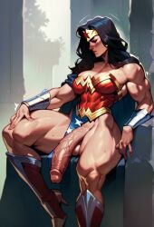 ai_generated big_cock big_thighs black_hair buff closed_eyes clothed clothed_female dc dc_comics diana_prince exposed_penis female futa_only futanari huge_cock intersex massive_penis muscular muscular_female nsfwaibs penis sitting thick_thighs white_skin wonder_woman wonder_woman_(series)