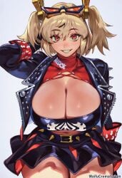 ai_generated blonde_hair burnice_white clothed cremalane hoyoverse huge_breasts leather_clothing leather_jacket leather_skirt red_eyes red_sunglasses shiny_skin smile smiling smiling_at_viewer spikes sunglasses sunglasses_on_head zenless_zone_zero