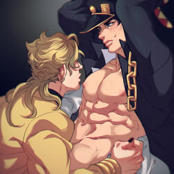 2boys abs bara being_undressed black_hair black_nails blonde_hair blue_eyes blush bound_wrists dio_brando jojo's_bizarre_adventure jotaro_kujo less_end male male_nipples male_only multiple_boys muscle muscles nipples open_clothes pecs restrained stardust_crusaders tagme yaoi