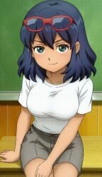 ai_generated animated blush breasts celia_hills classroom female flashing_breasts glasses haruna_otonashi inazuma_eleven inazuma_eleven_(series) inazuma_eleven_go otonashi_haruna shirt shirt_lift shorts teacher