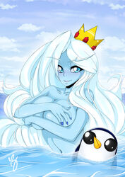 adventure_time blue_eyes blue_skin blue_sky blue_theme blush breasts cleavage covering covering_breasts crown female gunter gunther_(adventure_time) ice_queen_(adventure_time) large_breasts long_eyebrows long_hair looking_at_viewer nail_polish navel nude ocean open_mouth outdoors partially_submerged penguin smile teebreakers topless very_long_hair water white_hair