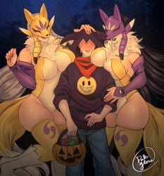 1boy 2girls 2girls1boy anonymous_male armpit armpits artist_logo ass bald_male black_hair blush blushing_male boots breasts breasts_in_face breasts_on_shoulder candy commission commission_art commissioner_upload cosplay costume digimon digimon_(species) digimon_ghost_game digimon_tamers faceless_male facial_markings female fox_ears fox_tail fur furry_boots halloween halloween_costume halloween_theme hand_on_another's_head hand_on_head height_difference hoodie impmon impmon_(cosplay) jeans kitsune_mask kuzuhamon large_ass large_breasts lipstick long_hair long_sleeves male mask masked masked_female nervous nervous_expression nervous_face nervous_sweat night nighttime pale-skinned_male pale_skin palegloss pumpkin_basket renamon renamon_(cosplay) sakuyamon scarf silver_hair size_difference skindentation smaller_male smiley_face sweat sweatdrop sweating tagme tail tall_female taller_female teasing thick_thighs thigh_highs thighhighs trick_or_treat yin_yang ying_yang_symbol