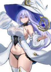 azur_lane bare_shoulders black_panties blue_eyes blush breasts cg closed_mouth cowboy_shot crescent crescent_earrings detached_sleeves dress earrings female floating floating_object guichen_(azur_lane) hair_between_eyes hat hat_ornament jewelry large_breasts large_hat long_hair long_sleeves looking_at_viewer mole mole_under_mouth navel panties puffy_sleeves purple_eyes purple_hair see-through sideboob simple_background sleeveless smile solo stomach thighhighs thighs underwear very_long_hair white_background white_dress white_headwear white_thighhighs witch witch_hat