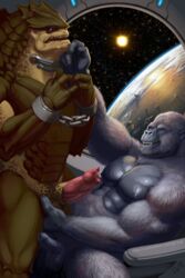 2014 alien balls bound chained collar cureboltium duo erection gorilla grope handcuffs interspecies krogan male male_only mammal mass_effect multiple_males muscles nipples open_mouth pecs penis primate shackles space stars uncut video_games yaoi