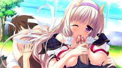 blonde_hair breasts censored female game_cg headband horns julia_lin_road long_hair magical_marriage_lunatics!! nipples penis pointy_ears purple_eyes purple_hair school_uniform thighhighs yamakaze_ran