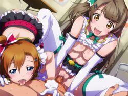 1boy 2girls areolae ass blue_eyes blush breasts brown_eyes brown_hair censored cowgirl_position earrings elbow_gloves gloves happy happy_sex highres kousaka_honoka legs licking long_hair looking_down love_live! love_live!_school_idol_project lying medium_breasts minami_kotori multiple_girls navel no_bra no_panties open_mouth orange_hair panties penis pussy sameha_ikuya sex shirt_lift side_ponytail sitting sitting_on_person skirt sweat thighs threesome tongue underwear vaginal_penetration white_legwear