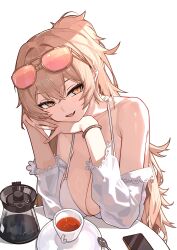 azur_lane bare_shoulders bikini blonde_hair blush bracelet breasts brown_eyes cellphone cg cleavage coffee cup cute_fang eyewear_on_head female hair_between_eyes jewelry large_breasts lion_(azur_lane) lion_(the_reclining_dandelion)_(azur_lane) long_hair long_sleeves looking_at_viewer off_shoulder open_mouth own_hands_together phone ponytail saucer shirt simple_background skin_fang smartphone smile solo spoon sunglasses swimsuit table tea teacup tinted_eyewear upper_body white_background white_bikini white_shirt